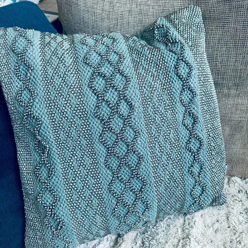 Devi Designs Boho Diamond Teal Blue Gray Fabric Throw Pillow